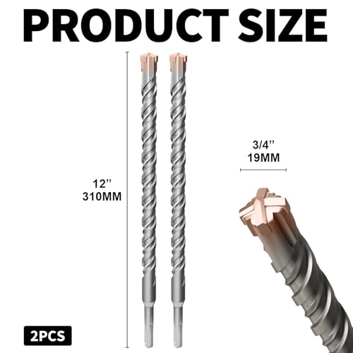 2PCS SDS Plus Rotary Hammer Drill Bits, 3/4"×12" （19mm×310mm） - 4 Carbide Cutting Edges & Coated Head, Ideal for Masonry| Heavy-Duty Masonry |Hammer Drill Bits for Precision Drilling - size: 2PCS-3/4"×12" （19mm×310mm）