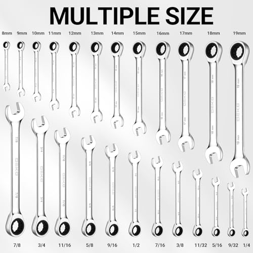 DEKOPRO 24-Piece Ratcheting Combination Wrench Set Metric 8-19mm & SAE 1/4"-7/8", Fixed-Head Ratchet Wrenches Set with Rack Organizer, Cr-V Steel 12 Point 72 Teeth - size: Metric & SAE-24 pcs
