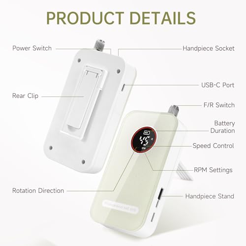 Professional Nail Drill, 45000RPM Rechargeable Electric Nail File - color: Elegant White