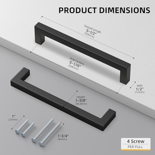 Goldenwarm 5 Pack 5 in Matte Black Cabinet Handles Square Drawer Pulls - color: Matte Black, size: 5 Inch Hole Center