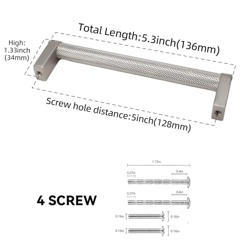 10 Pack 5 Inch Brushed Satin Nickel Kitchen Cabinet Handles Knurled Cabinet Pulls Drawer Pulls Kitchen Hardware - color: Brushed Satin Nickel, size: 5'' Hole Center(128mm)