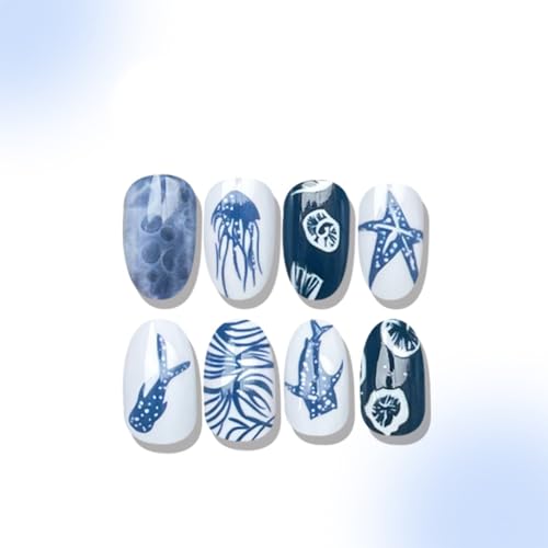 Summer Press On Nails Short Almond Blue White with Ocean Life Whale Shark - color: Style6