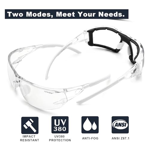 UKNOW Safety Glasses - Anti Fog Wraparound Lenses - Removable Foam Gasket - ANSI Z87.1 Protective Eyewear - Impact Resistant - color: White