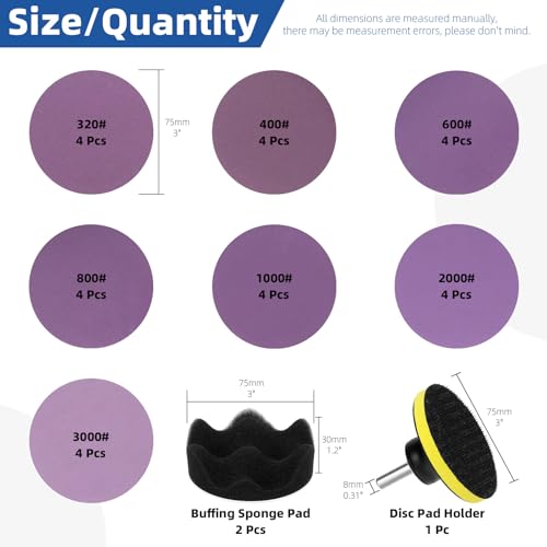 Glarks 31Pcs Car Headlight Restoration Kit, 3in Purple Silicon Carbide Sanding Discs & Buffing Sponge Pad Set with Disc Pad Holder for Cars, Trucks, SUVs