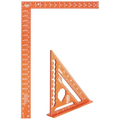 Klein Tools 935SQVP 7-Inch Rafter and 16 x 24-Inch L-Shaped Framing Square Set, Double Laser Etched Aluminum, Multi-Functional Carpenter Layout Tool for Woodworking - size: Rafter and Framing Square Set