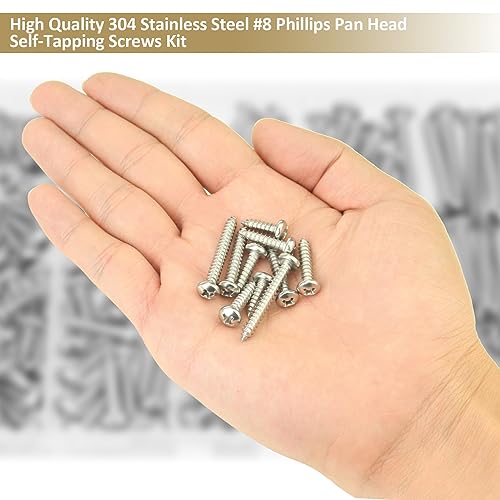 127 Pieces #8 x 1/2" 5/8" 3/4" 1" 1-1/4" Phillips Pan Head Self-Tapping Screws, Wood Screws Assortment Kit, 304 Stainless Steel - size: #8