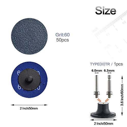 Miroku 50Pcs P60 2-inch Quick Change Discs Set, Zirconia Sanding Discs with 1/4" Holder, for Die Grinder Surface Prep Strip Grind Polish Finish Burr Rust Paint Removal - style: P60