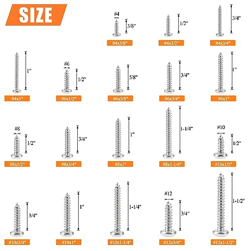 540 Pieces #4#6#8#10#12 Wood Screws Set, HELIFOUNER 18 Sizes Phillips Pan Head Self-Tapping Screws Assortment Kit, Phillips Pan Head Wood Screws, 304 Stainless Steel - size: #4#6#8#10#12