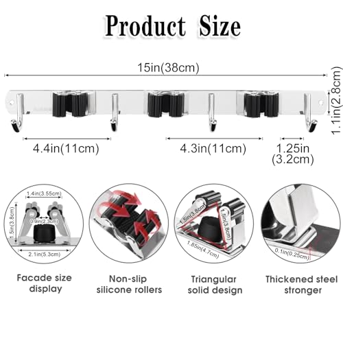 AceMining Broom Holder Wall Mount, 3 Racks 4 Hooks Heavy Duty Mop Organizer - color: 3 Racks & 4 Hooks (Silver) - 1 Pack