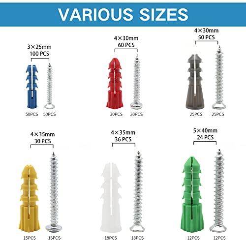 Drywall Anchors and Screws Kit 300Pcs, 150 Wall Anchors, 150 Drywall Screws, Including 6 Different Sizes