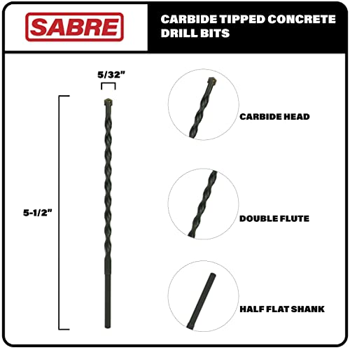 5/32 Inch x 5-1/2 Inch Masonry Drill Bit, 10-Pack Concrete Drill Bit, Carbide Tipped for Concrete, Brick, Stone, Half Flat Shank, Impact Performance (5/32" x 5.5", 10) - size: 5/32" x 5-1/2"