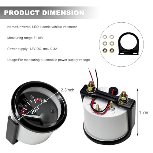 2" 52MM Car Voltage Gauge, DC 12V 8-16V Pointer Voltmeter with Backlight, Universal LED Light Voltage Meter Digital Volt Gauge for Trucks SUVs RVs, Car Accessories