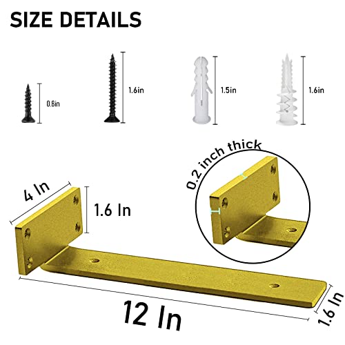 YMDparts Heavy Duty Shelf Brackets, 5mm Thick Rustic Gold Shelf Brackets for Custom Wood Shelves, 12 Inch Solid Steel Wall Mount Brackets with Hardware Needed (6Pcs) - color: Gold, size: 12 Inch