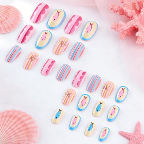 Summer Press On Nails Short Almond Colorful with Starfish Fish Stripes - color: Style15