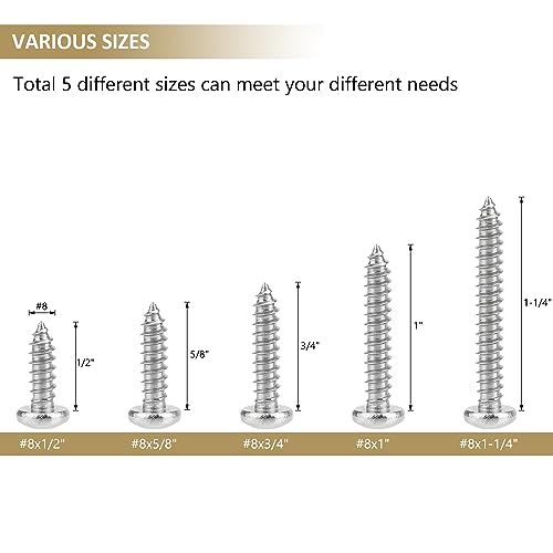 127 Pieces #8 x 1/2" 5/8" 3/4" 1" 1-1/4" Phillips Pan Head Self-Tapping Screws, Wood Screws Assortment Kit, 304 Stainless Steel - size: #8