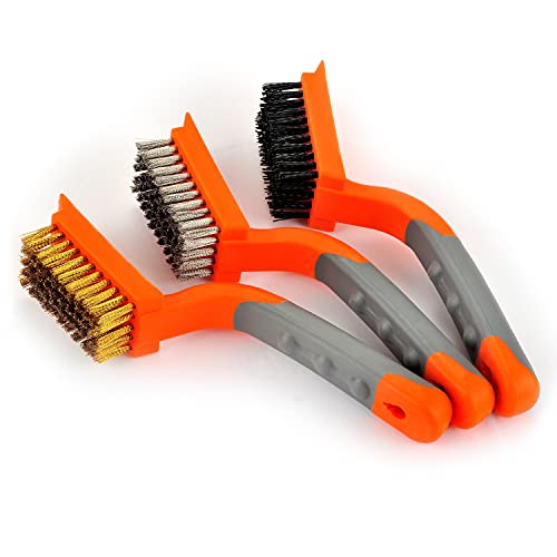 MAXMAN Wire Brush Set 3Pcs, Brass/Steel/Nylon Bristles, Rust &Paint Remover