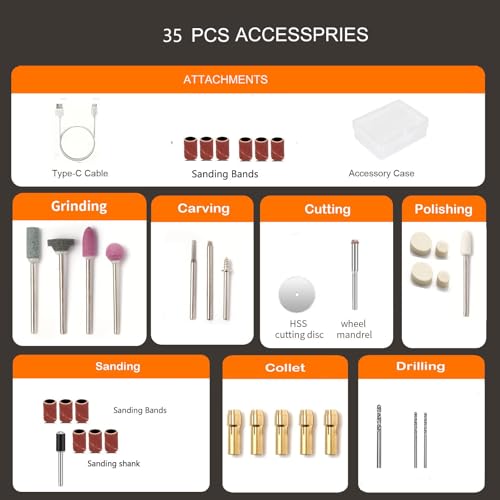 Mini Cordless Rotary Tool,45 PCS Accessories and USB C Charging and 3.7V 2.0Ah rechargeable battery pack rotary tool kit,5-speed for sanding,engraving,polishing,cutting, Diy Crafts（red）