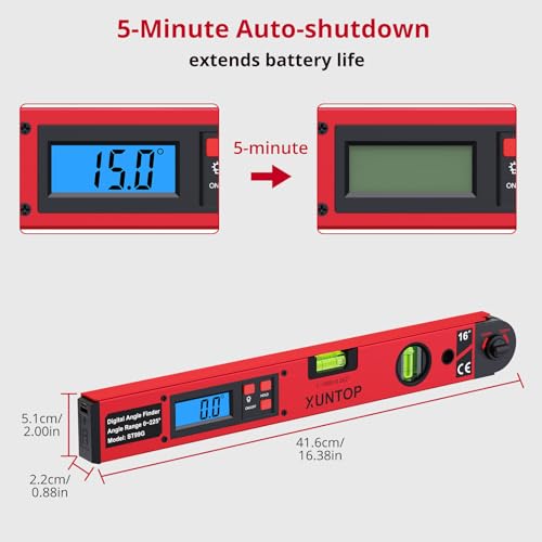 XUNTOP 0-225°/0.5° Digital Angle Finder 16” Aluminum Angle Measuring Tool with Horizontal&Vertical Bubbles Digital Protractor with LCD Display for Woodworking, Construction, Machinery
