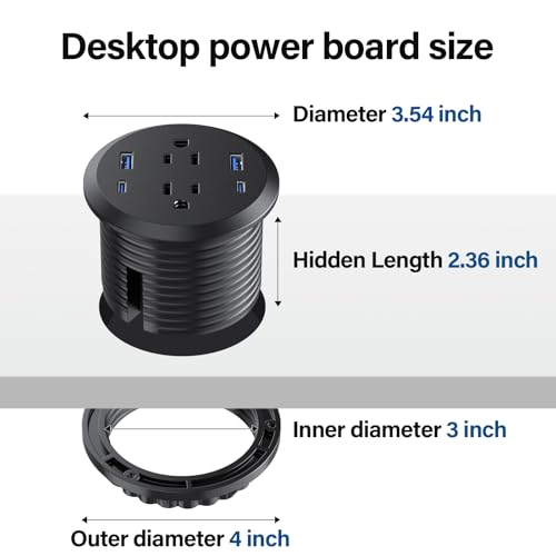 Desktop Power Grommet,GaN 65W USB C Fast Charging Station,2 AC Outlets,4 USB Ports in to the Top of Your Desk,Flush Mount Power Grommet 3-inch Hole,Countertop Recessed Outlet - color: Black, size: 1 Pack