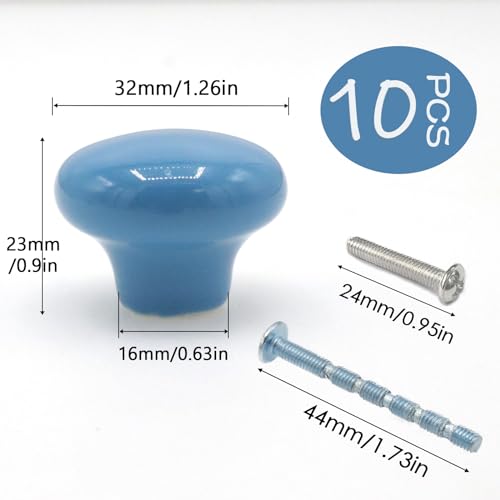 10-Pack Ceramic Cabinet Knobs Blue 32mm Round Drawer Pull - color: Blue