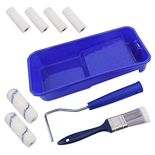 Household Mini Paint Roller Kit, 4 Sponge Paint-Roller-Head + 2 Fabric Roller-Head +1 Plastic Paint Tray + 1 Roller Handle +1 Pant Brush fits Home Painting & Smaller DIY Projects(Color:Blue)