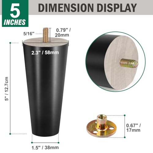 FoDau770 Rubber Wood Legs 5", Straight Taper, 5/16"-18 Thread, Black, 4pcs | Wood Couch legs - Mid Century Sofa Legs - Furniture legs Replacement for Cabinet Dresser Chair Ottoman - color: Black, size: 5 Inch - Straight (90°)