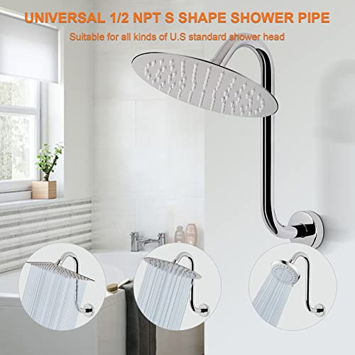 S Shaped Shower Arm, High Rise Shower Head Extension Pipe Standard 1/2" Connection with Flange, Awesome Shower Experience-Stainless Steel Bathroom Accessory(12 Inch S Shape, Chrome Finish) - color: Chrome Finish, style: 12" S Shape