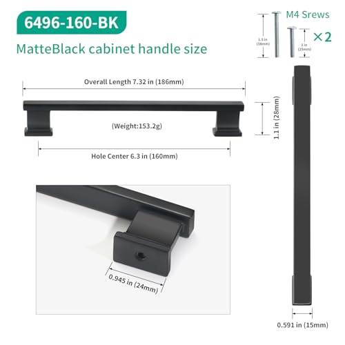 Matte Black Kitchen Square Cabinet Handles 6.25 Inch 10 Pack - color: Matte Black, size: 6.25"/160MM Hole Center