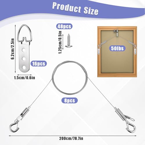 Picture Hanging Wire Kit Heavy Duty - 72PCS Adjustable Picture Wire with 8 Hanging Cables, 16 D Rings & 48 Screws for Mirrors, Frames, Artwork, Light Fixtures