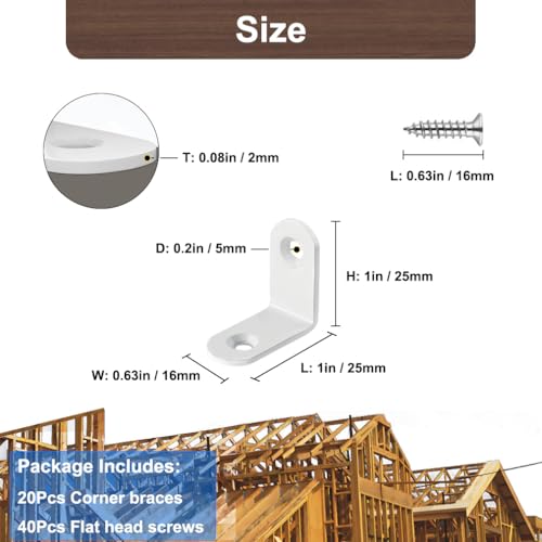 20 Pcs White L Bracket 1 Inch Stainless Steel Corner Braces, 25x25MM 90 Degree Right Angle Joint Brackets for DIY Wood, Furniture, Frame, with Screws - size: L/1inch*1inch 20Pack