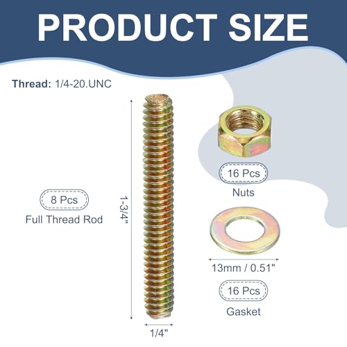 PATIKIL 1/4" x 1-3/4" Color Zinc Fully All Thread Rod, 8 Pcs Carbon Steel Long Threaded Screw Stud Bolts for Furniture Garden Mounting Assembly Fastening - size: 1/4" x 1-3/4"