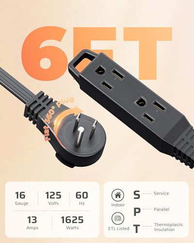 DEWENWILS 6FT 360° Rotating Flat Plug Extension Cord/Wire, 16/3, ETL Listed - color: Black, size: 6FT, style: 1 Pack