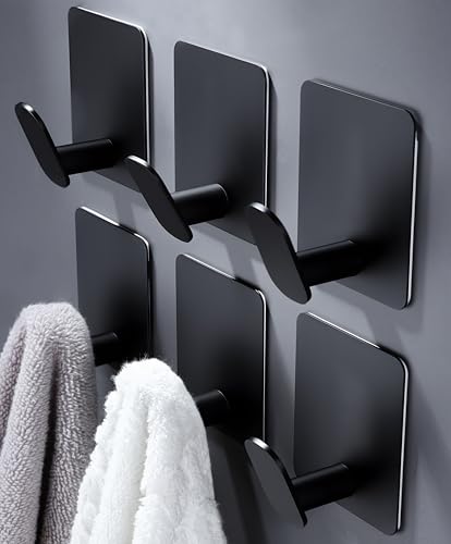 DELITON Black Towel Hooks 6 Pack, Stainless Steel Self Adhesive Wall Hooks - color: Black-A-6