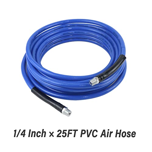 Air Compressor Accessories Kit, 9 Pieces, 1/4 Inch × 25FT PVC Hose, Deep Blue, Includes Blow Gun, Fittings, Chuck, Tire Gauge, 300 PSI - color: Deep Blue
