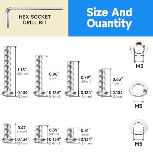 244 Pieces M5 Screw, Button Head Socket Cap Metric Screws Assortment Kit, 304 Stainless Steel Bolts and Washers/Nuts/Hex Wrenches M5*8/10/12/16/20/25/30mm - size: 244Pcs M5