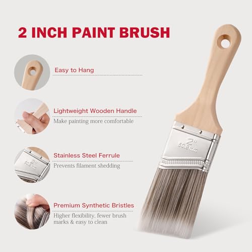 Mister Rui 2 Inch Angled Synthetic Paint Brushes, 3 Pack Trim