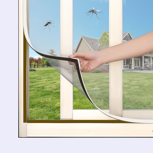 Magnetic Window Screen, Max 59 x 51 Inch DIY Cut-to-Fit Fiberglass Mesh Replacement Kit for House Windows, Strong Magnetic Seal, No-Drill Installation, White Frame with Gray Mesh - size: 59"x51"(150x130cm)