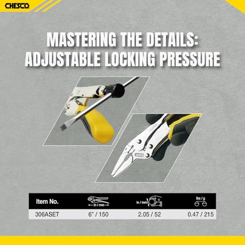 CHESCO 6-inch Long Nose,2nd Gen Easy Release Patented Force-Saving Locking Pliers, Premium Cr-Mo Steel Vise-Grips for Welding, Automotive, HVAC & Plumbing,Cureved jaw Locking Pliers - size: 6 inch