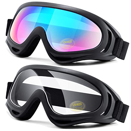 Motorcycle Goggles 2 Pack - ATV Dustproof Dirt Bike Goggles for Ski Racing Riding, Off Road Waterproof Motocross - color: 01.multicolor Lens + Transparent Lens