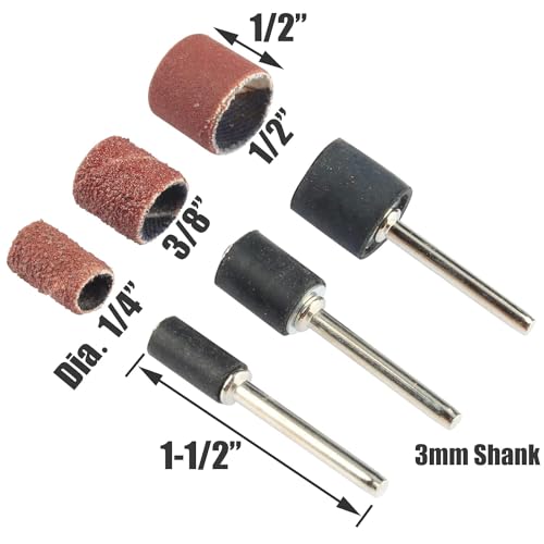 Yakamoz 132Pcs Aluminum Oxide Sanding Drums Kit, 80/120/180 Grit Sanding Sleeves with 3mm Shank Drum Mandrels, 1/4'' 3/8'' 1/2'' Drum Sander Bits Tool Accessories for Dremel Rotary Tools