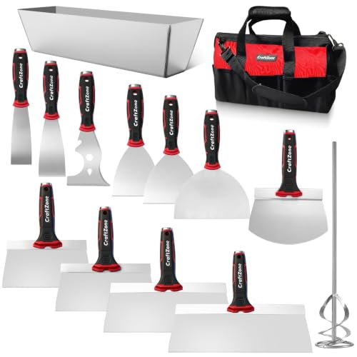 14Pcs Drywall Knife Set Drywall Patch Kit Included Putty Knives Taping Knives Painter Scraper Bucket Scoop Mud Pan Paint Scraper Mud Mixer & Tool Bag