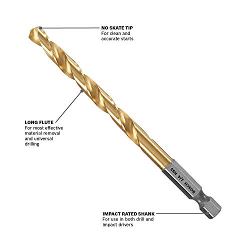 BOSCH TI2151IM 1-Piece 3/8 in. x 5 in. Titanium Nitride Coated Metal Drill Bit Impact Toughwith Impact-Rated Hex Shank for Applications in Heavy-Gauge Carbon Steels, Light Gauge Metal, Hardwood - size: 3/8 in (Pack of 2), style: Industrial