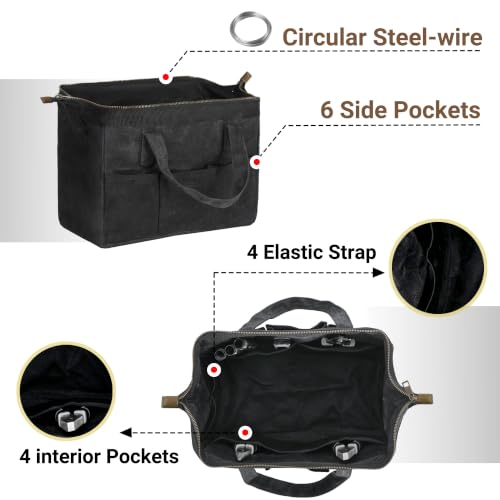 Tool Bag with Zipper, Heavy Duty 16oz Waxed Canvas Wide Mouth Tool Tote Bag, 13-inch Muti-Purpose Storage Tool Pouch with Side Pockets - color: Black, size: 13 Inch
