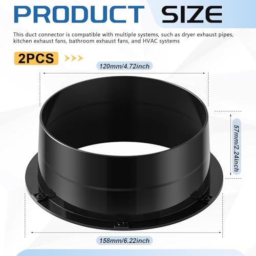 2 Pcs Duct Connector Flange 5 Inch Plastic Straight Pipe Flange Black Duct Reducer Dryer Vent Connector for Heating Cooling Grow Tent Bathroom Kitchen Ventilation System - size: 5 Inch
