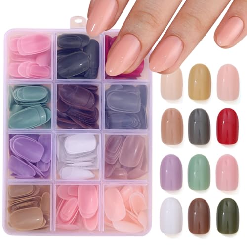 288 Pcs Press On Nails Short Almond Fake Nails Press Ons Set Full Cover Acrylic Glue on Nails Reusable Glossy Artificial Nail Kit Oval False Nails for Women Girls Manicure 12 Color - color: A004