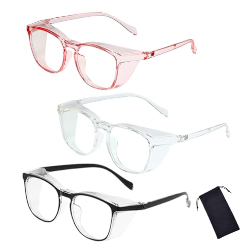 Safety Glasses for Men Women, Anti Fog Safety Goggles Comfortable Blue Light Blocking UV Protective Adult Nurse - color: Black Pink 3pack