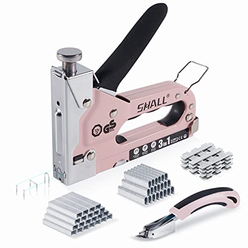 SHALL Staple Gun Heavy Duty, 3-in-1 Upholstery Staple Gun Kit with 3000 Staples, Stapler Remover, Manual Brad Nailer with Specific Staples Outlet Position Indicator - color: Pink, size: 3-in-1