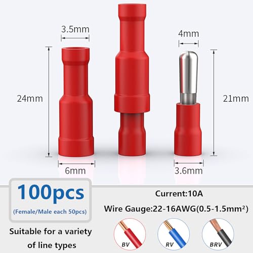 smseace 100PCS Bullet Wire Connectors Assortment Kit 22-16AWG Female&Male Bullet Connectors Terminal for Automotive Boat Stereo Industrial Equipment - size: 99Pcs