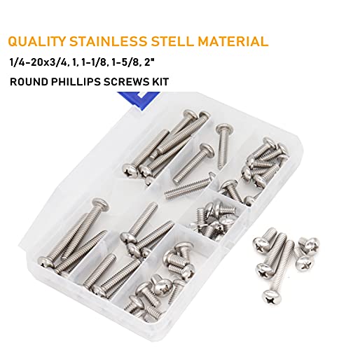 50pcs 1/4-20 Inch Round Head Phillips Machine Screws Assortment Kit, 304 Stainless Steel Silver Tone, 1/4 x 3/4,1,1-1/8,1-5/8,2 Inch - size: 1/4 x 3/4,1,1-1/8,1-5/8,2 Inch(50pcs)