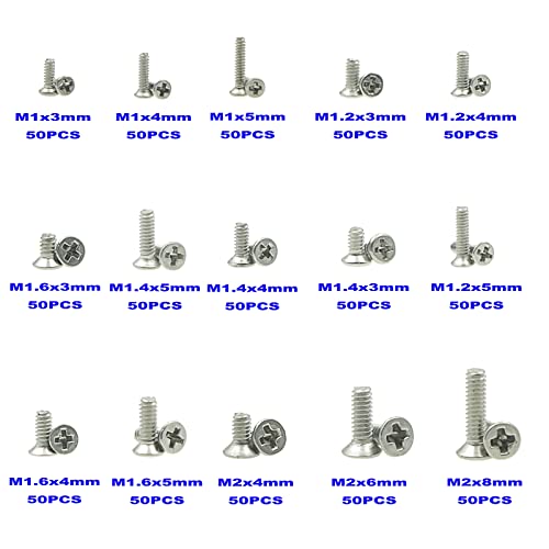 750PCS M1 M1.2 M1.4 M1.6 M2 Metric Stainless Steel Phillips Flat Head Machine Screws Assortment Kit - size: M1/M1.2/M1.4/M1.6/M2